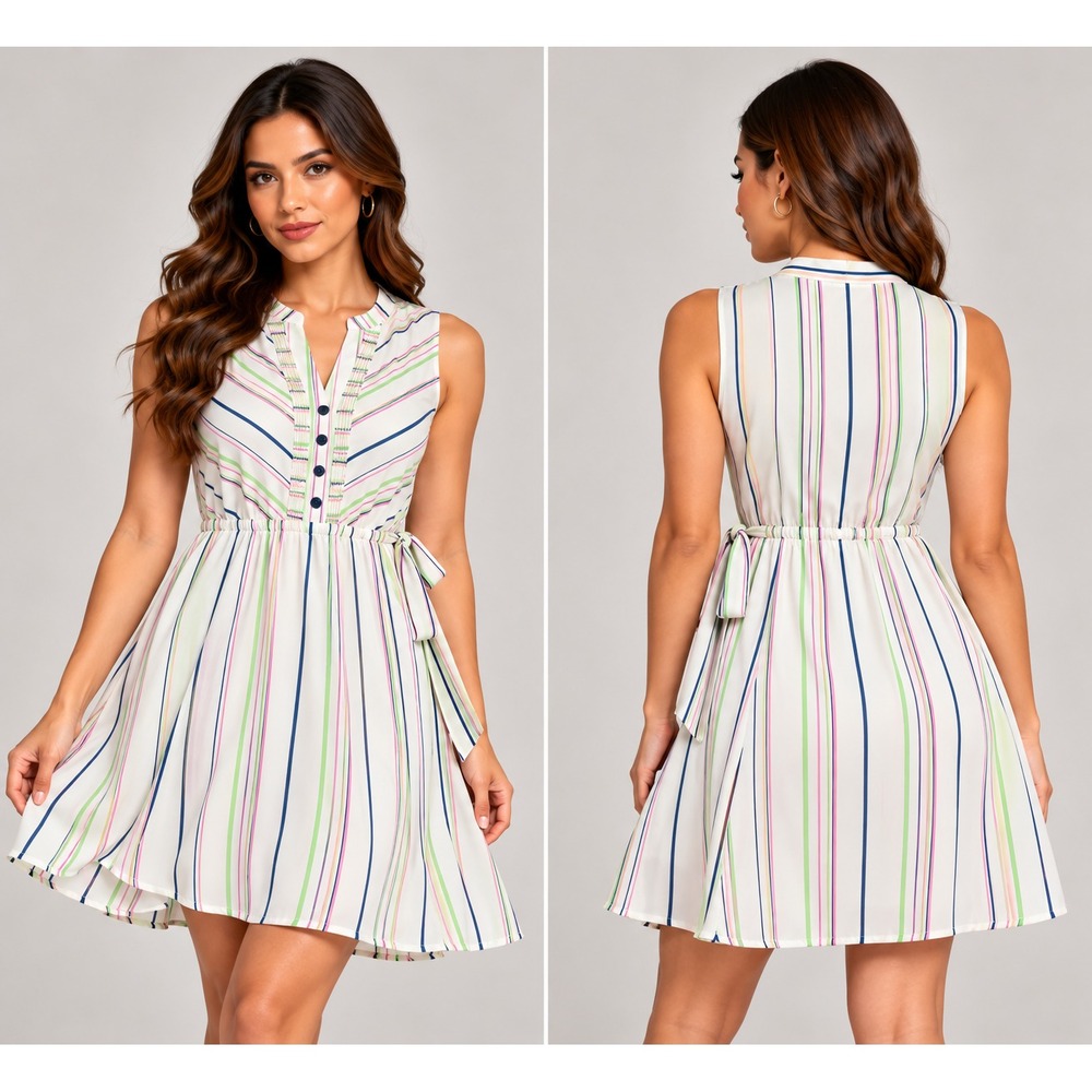 Apt. 9 Dress Womens S Multicolor Striped Sleeveless Elastic Waist Belted Pleated